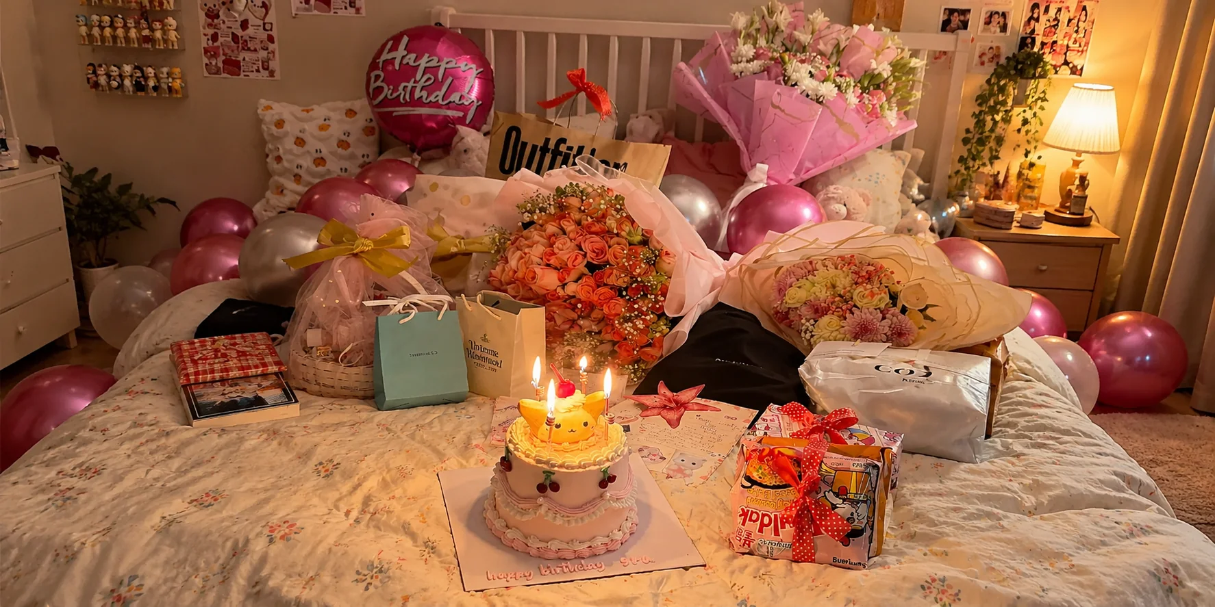 A surprise birthday room with a cake, pink balloons, flowers and wrapped gifts on the bed
